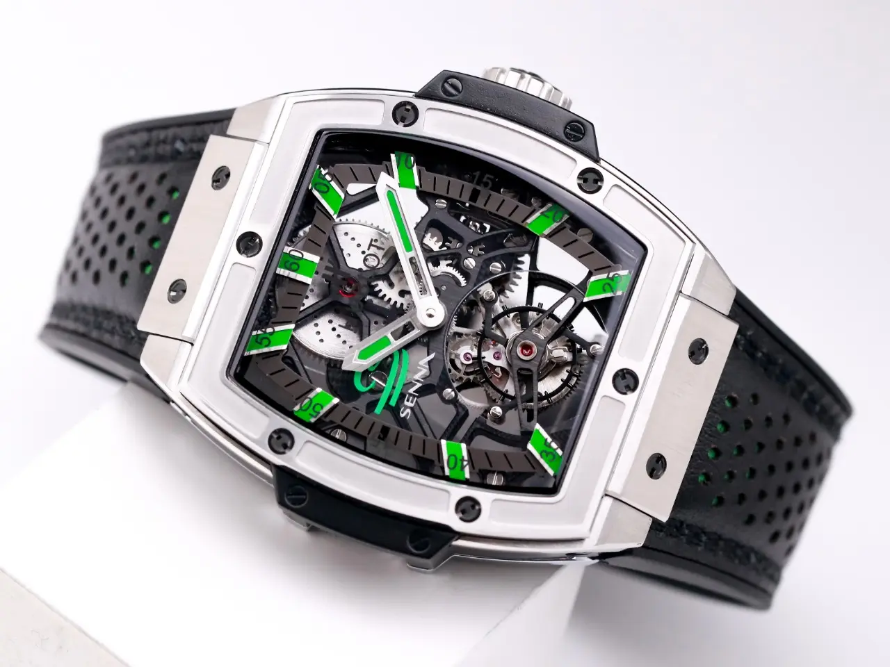 Bright ZF Factory Hublot Masterpiece 906 Tourbillon Watch – Silver with Green Accents, Manual Wind Movement, Leather Strap, Super Clone Design 1393