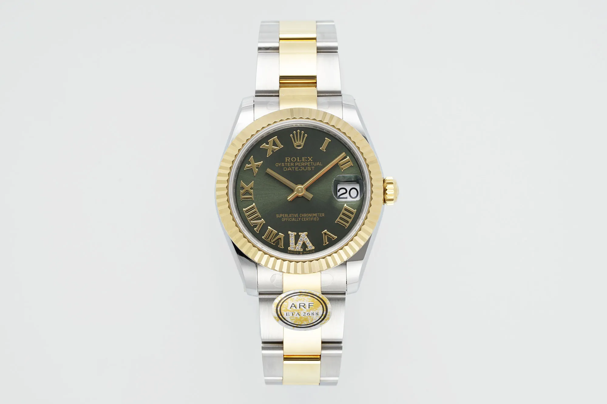 AR Factory Rolex Datejust 31mm Two-Tone Stainless Steel and Yellow Gold Green Dial Roman Numerals Women’s Watch Bright 5001