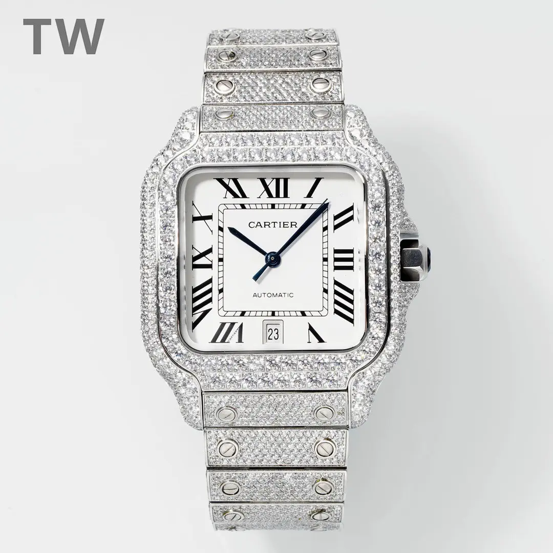 Sleek 3K Factory Cartier Santos Full Diamond Silver Watch – Best Replica Watches 2764