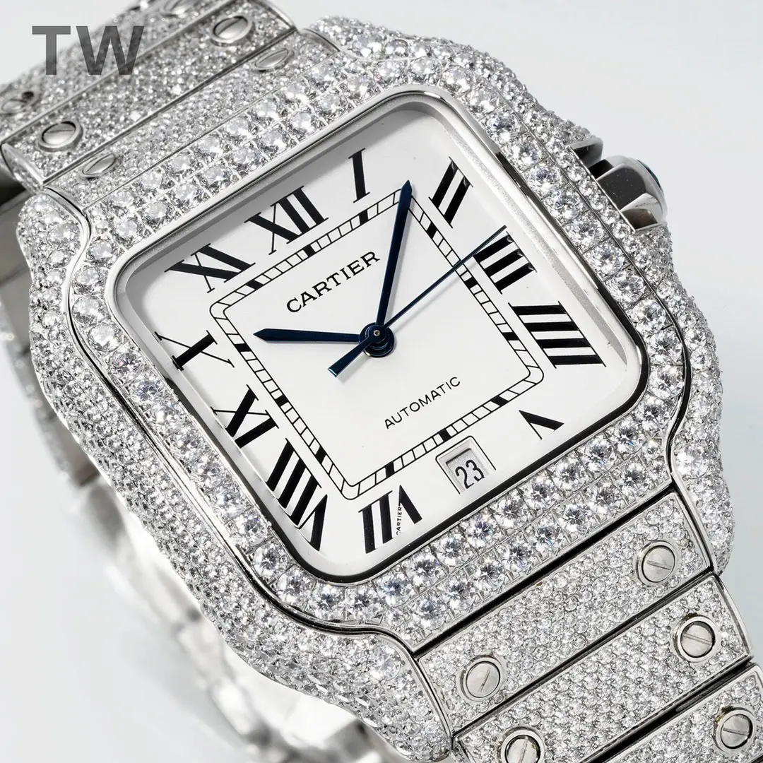 SunProtective 3K Factory Cartier Santos Full Diamond Silver Watch – Best Replica Watches 5165