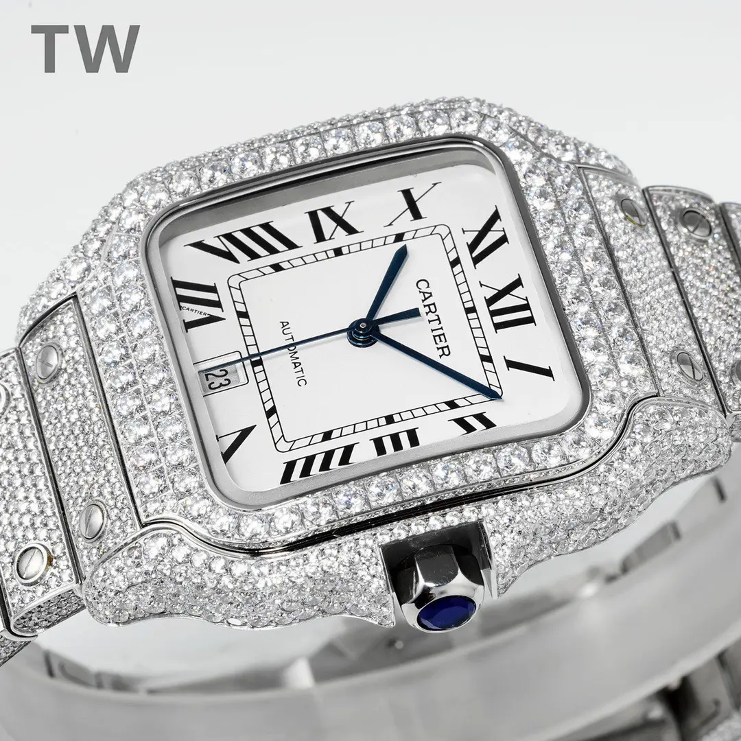 SunProtective 3K Factory Cartier Santos Full Diamond Silver Watch – Best Replica Watches 5165