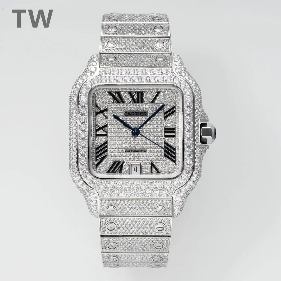 Casual 3K Factory Cartier Santos Full Diamond Silver Watch – Top Fake Cartier Watch 2767