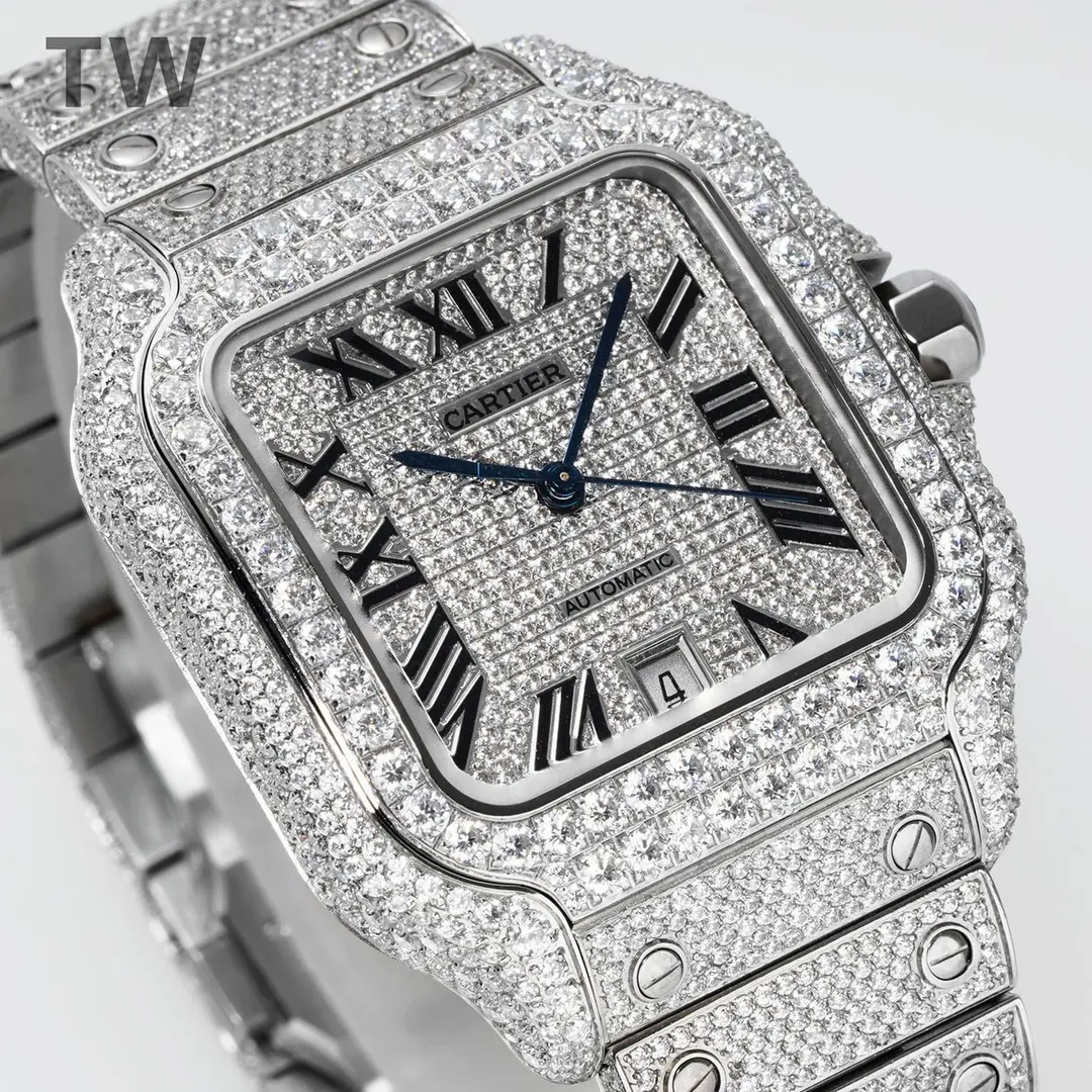 3K Factory Cartier Santos Full Diamond Silver Watch – Top Fake Cartier Watch Classic 5175