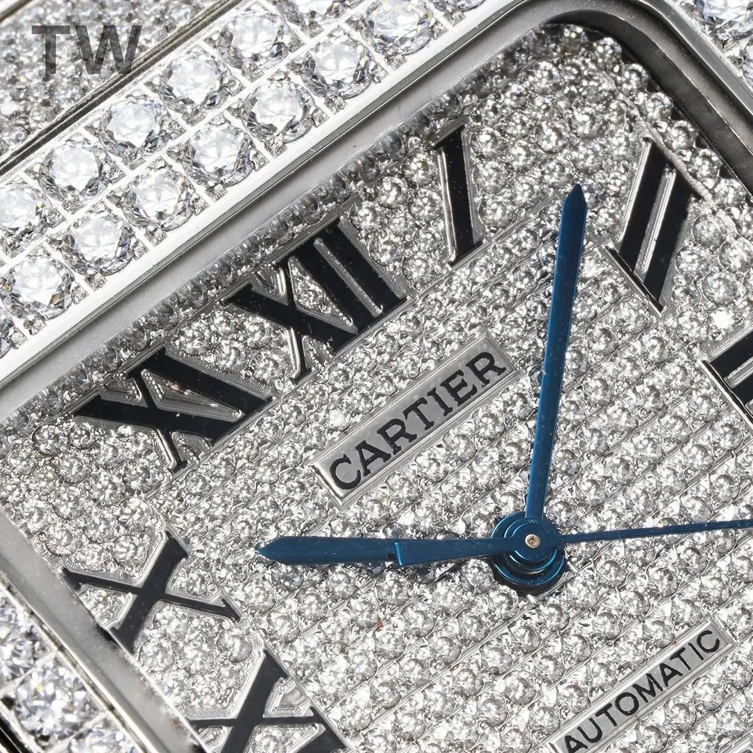 3K Factory Cartier Santos Full Diamond Silver Watch – Top Fake Cartier Watch Classic 5175