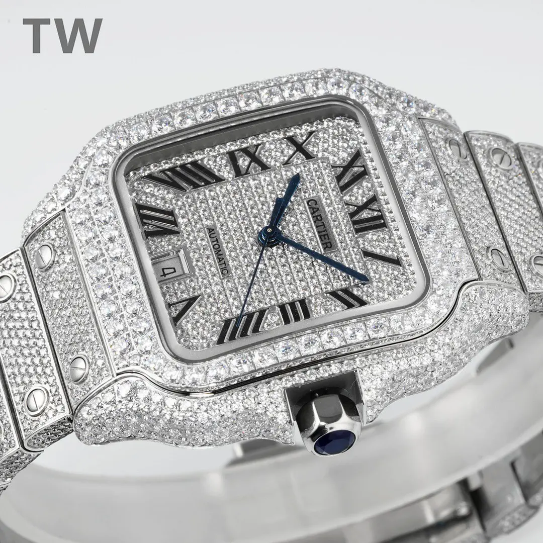 3K Factory Cartier Santos Full Diamond Silver Watch – Top Fake Cartier Watch Classic 5175