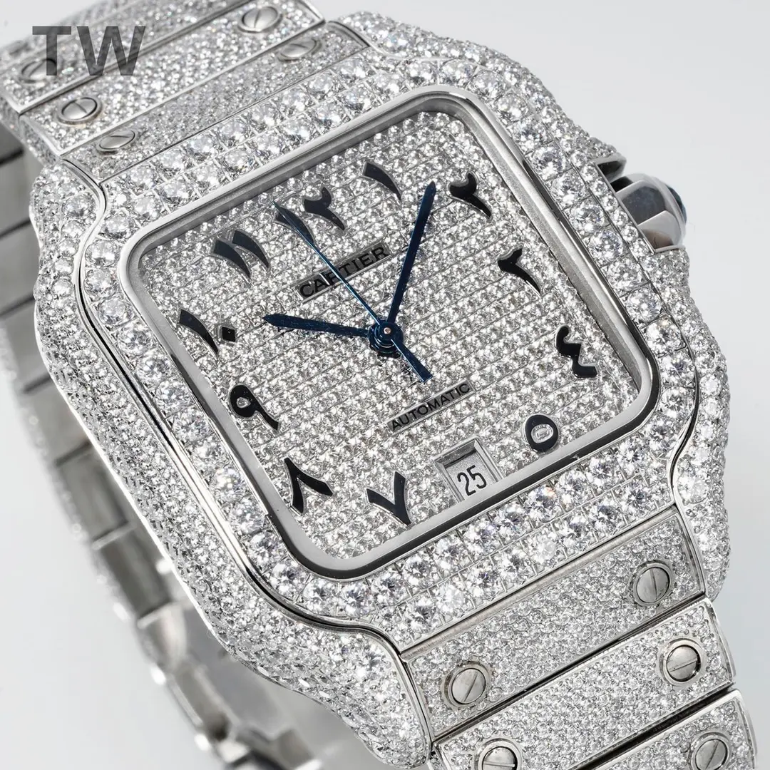 FreshLook 3K Factory Cartier Santos Full Diamond Watch Silver – Best Replica Watches 5176