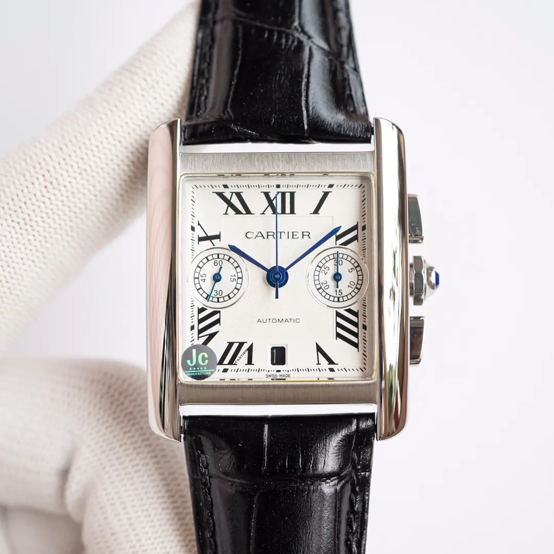 3K Factory Cartier Tank W5330007 Silver Black Leather Top Fake Watch StreetReady 2756