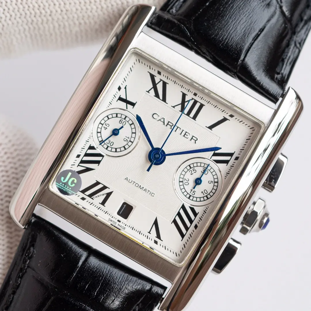 3K Factory Cartier Tank W5330007 Silver Black Leather Top Fake Watch StreetReady 2756