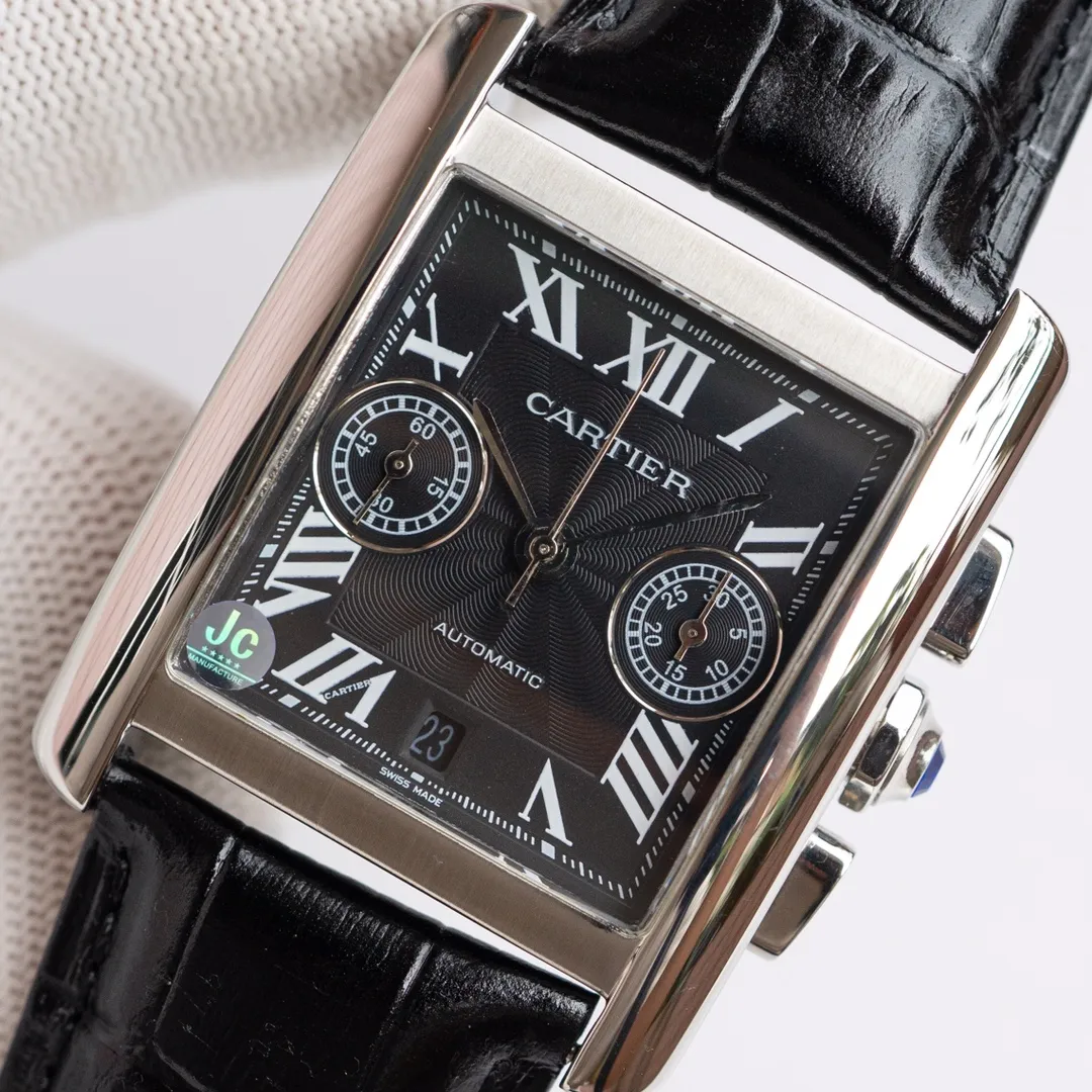 3K Factory Cartier Tank W5330007 Silver Black Leather Top Fake Watch StreetReady 2756
