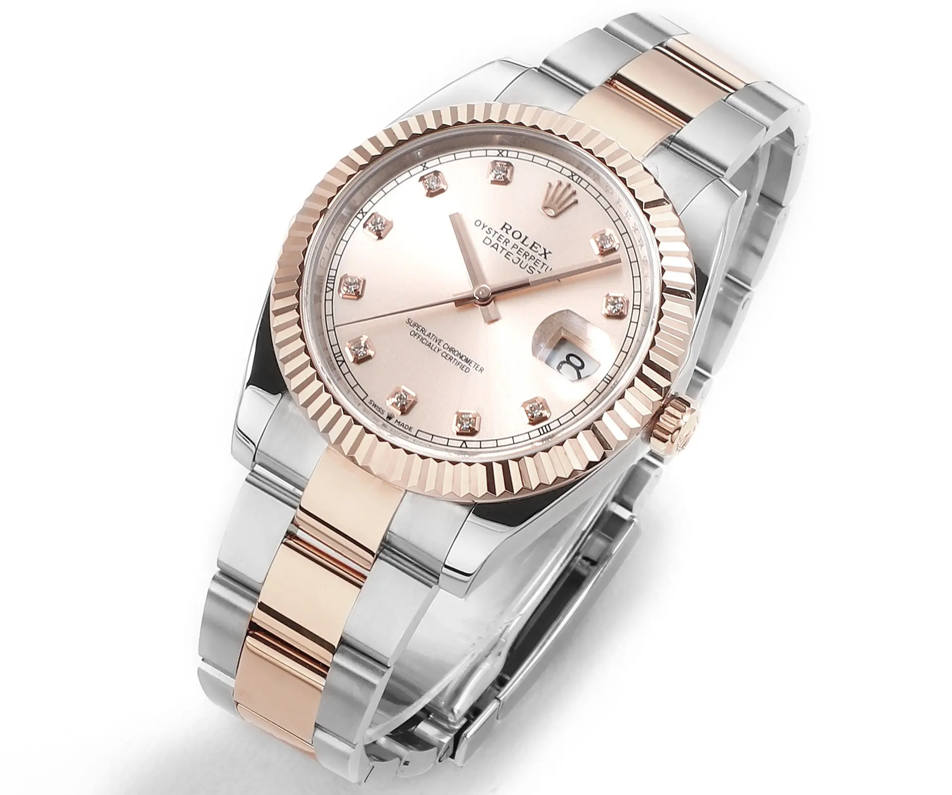 FreshLook Rolex Datejust 41mm Two-Tone Rose Gold and Stainless Steel Watch with Diamond Dial – Super Clone 138