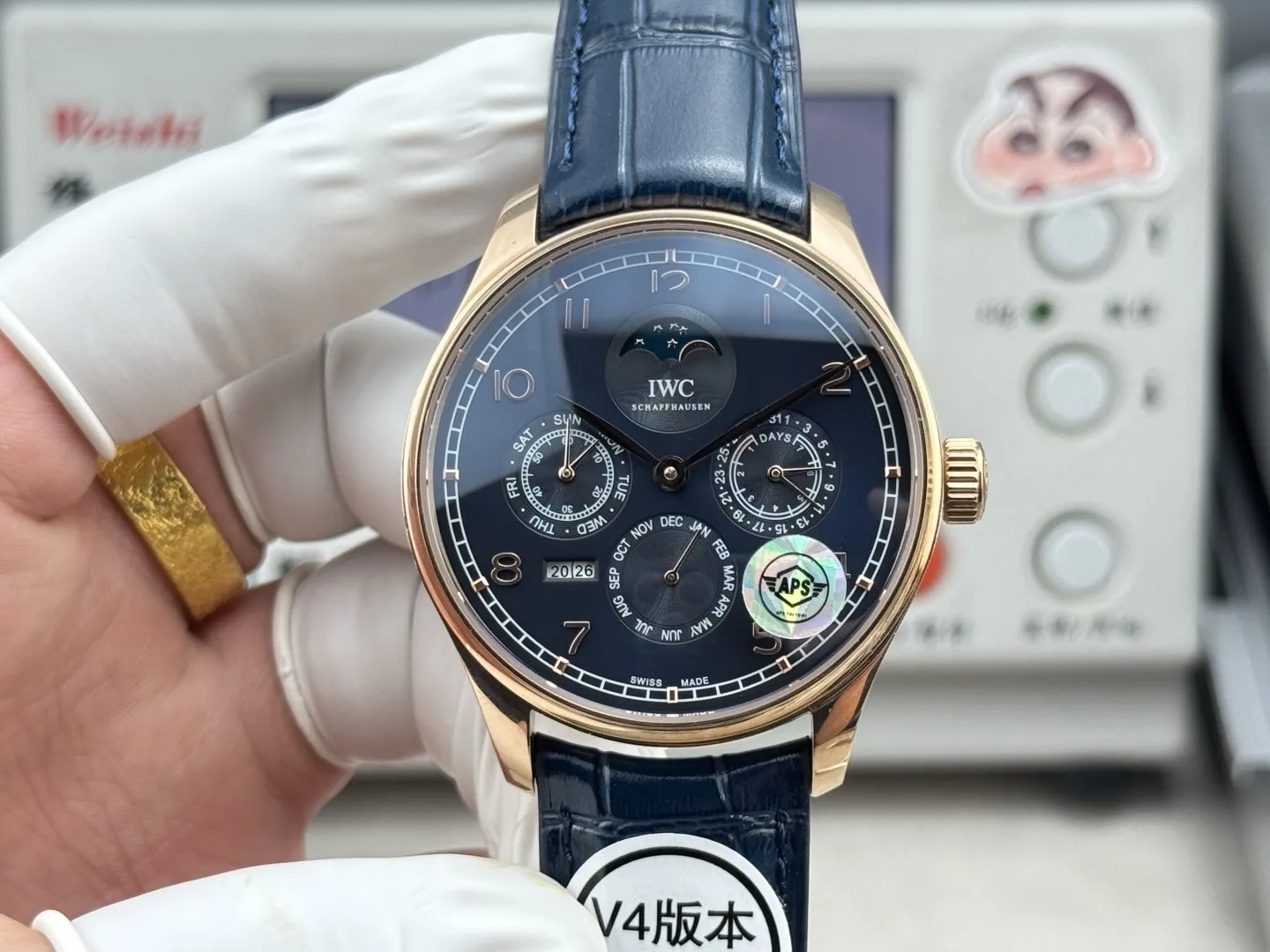 APS Factory IWC Portugieser Perpetual Calendar Automatic Men’s Watch – Navy Blue Dial, Moonphase, Blue Leather Strap, Rose Gold Case Compact 4301