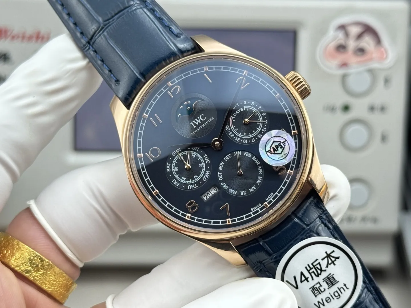 APS Factory IWC Portugieser Perpetual Calendar Automatic Men’s Watch – Navy Blue Dial, Moonphase, Blue Leather Strap, Rose Gold Case Compact 4301