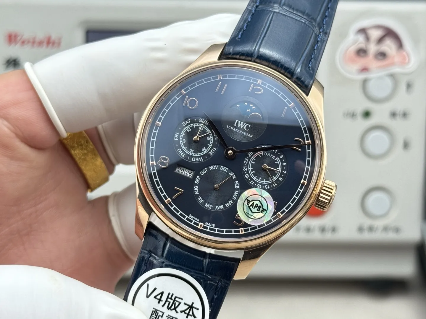 APS Factory IWC Portugieser Perpetual Calendar Automatic Men’s Watch – Navy Blue Dial, Moonphase, Blue Leather Strap, Rose Gold Case Compact 4301