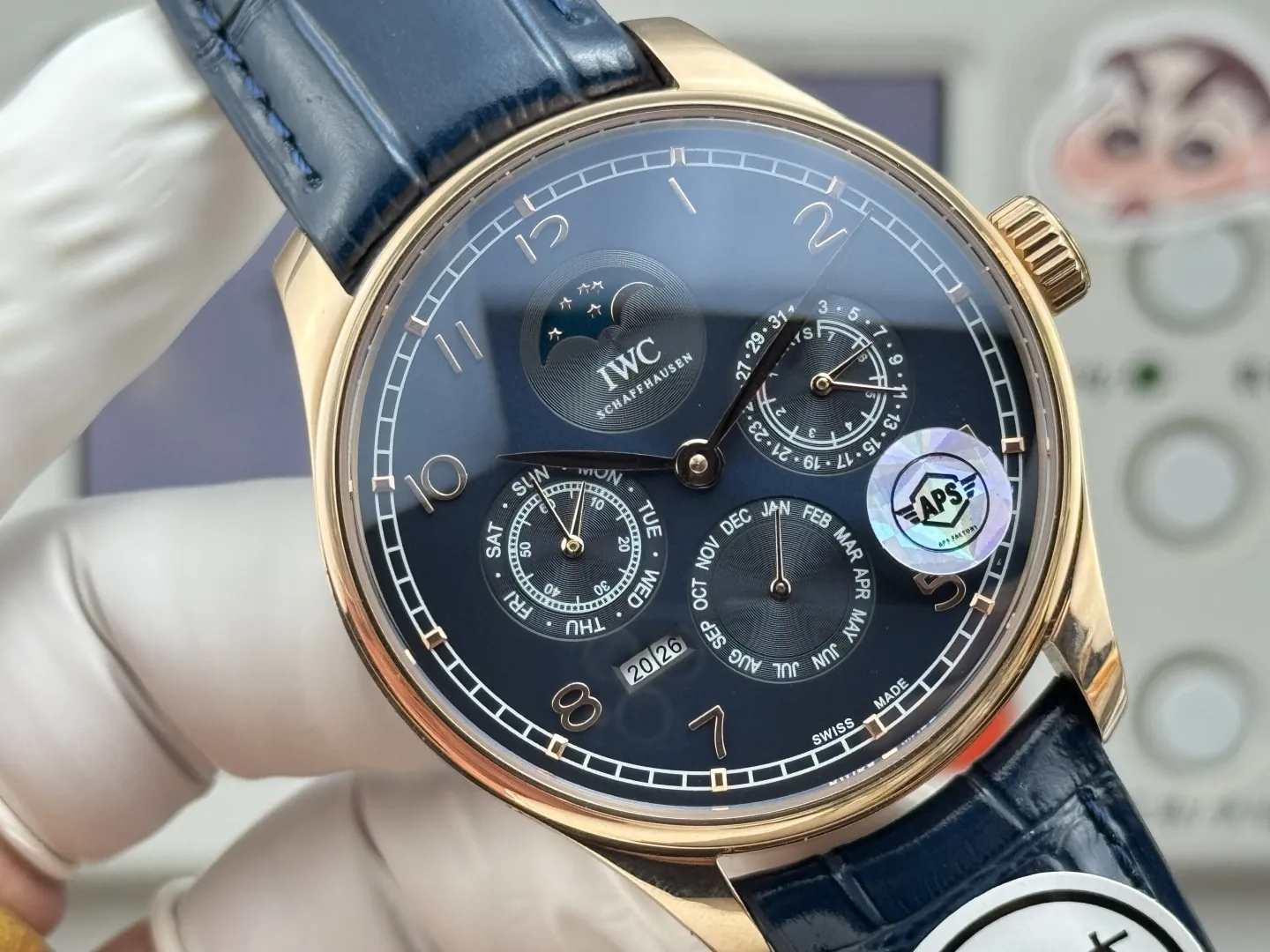 APS Factory IWC Portugieser Perpetual Calendar Automatic Men’s Watch – Navy Blue Dial, Moonphase, Blue Leather Strap, Rose Gold Case Compact 4301