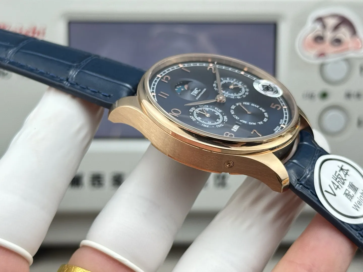 APS Factory IWC Portugieser Perpetual Calendar Automatic Men’s Watch – Navy Blue Dial, Moonphase, Blue Leather Strap, Rose Gold Case Compact 4301