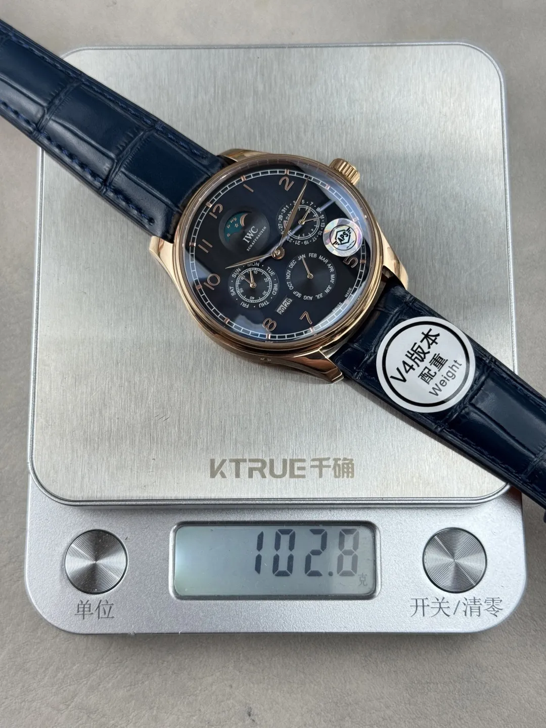 APS Factory IWC Portugieser Perpetual Calendar Automatic Men’s Watch – Navy Blue Dial, Moonphase, Blue Leather Strap, Rose Gold Case Compact 4301