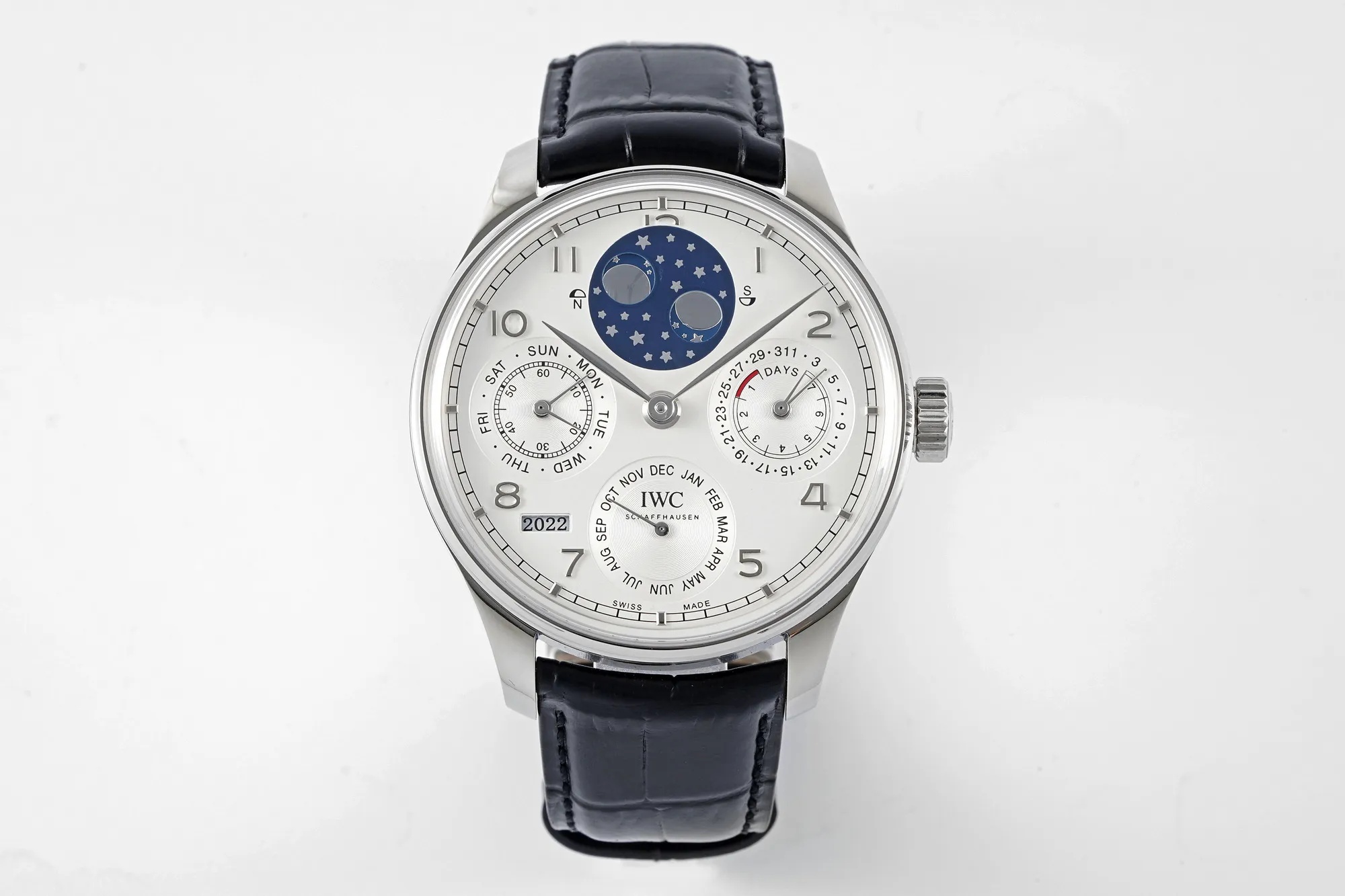 IWC Portugieser Perpetual Calendar Automatic Men’s Watch – Silver Case, White Dial with Moon Phase, Black Leather Strap TravelReady 4310