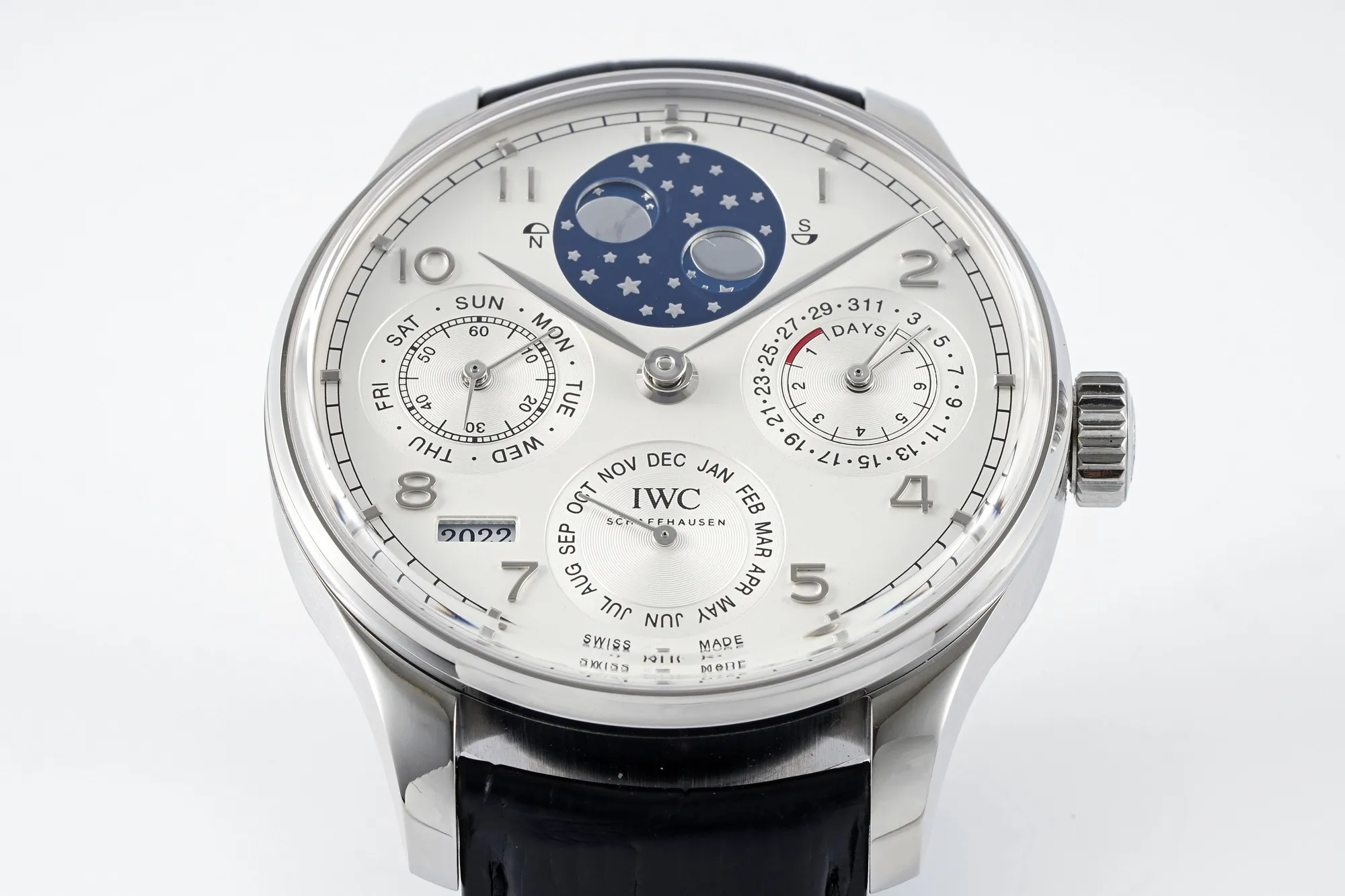 IWC Portugieser Perpetual Calendar Automatic Men’s Watch – Silver Case, White Dial with Moon Phase, Black Leather Strap TravelReady 4310