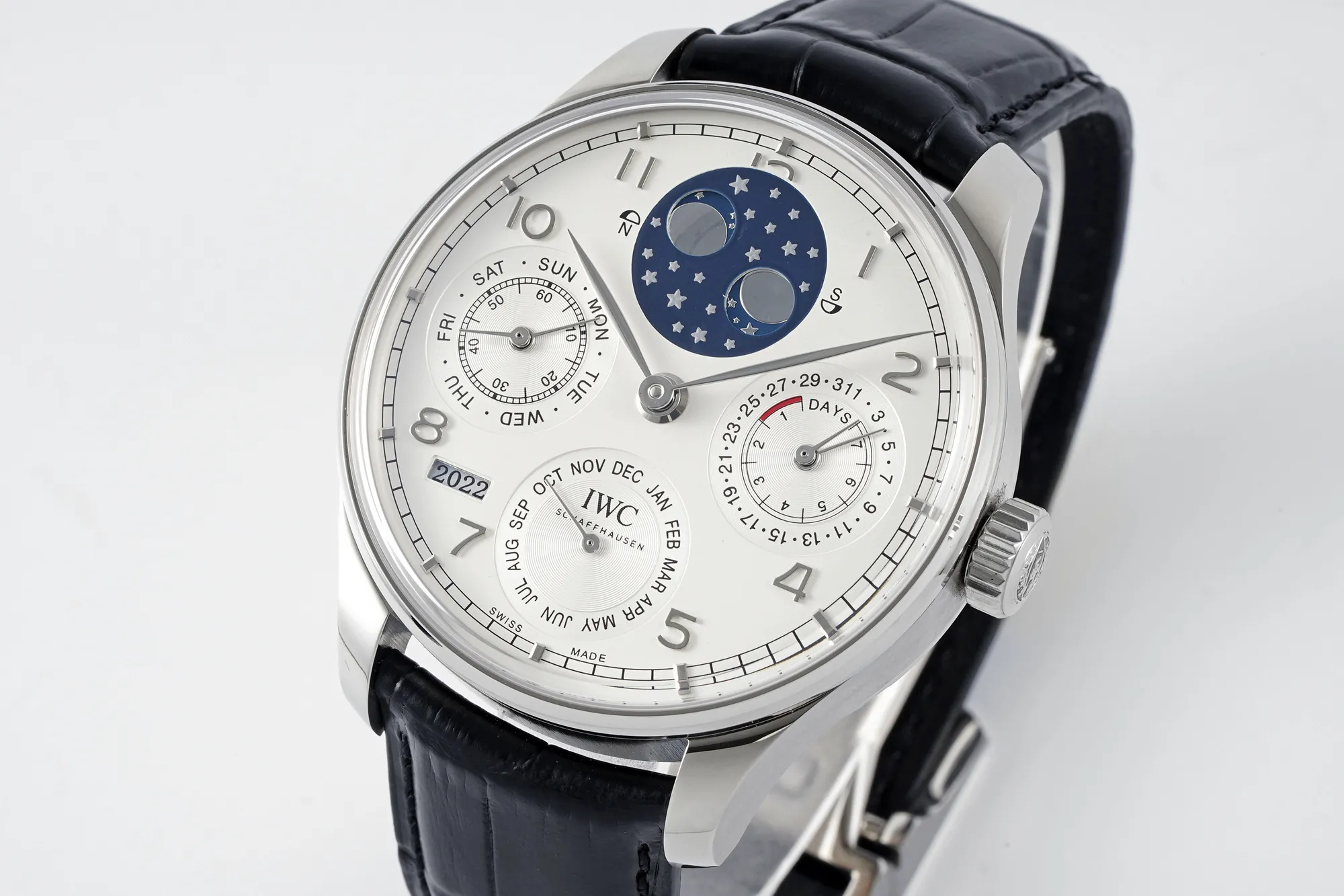 IWC Portugieser Perpetual Calendar Automatic Men’s Watch – Silver Case, White Dial with Moon Phase, Black Leather Strap TravelReady 4310