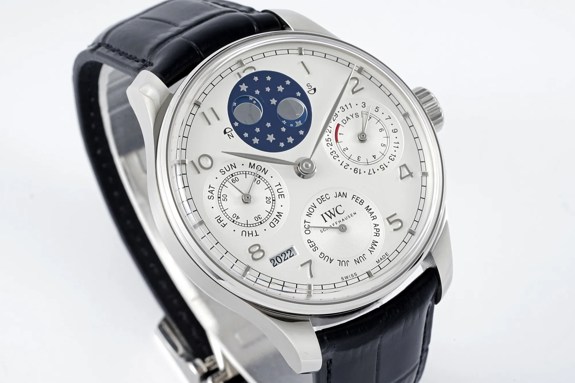 IWC Portugieser Perpetual Calendar Automatic Men’s Watch – Silver Case, White Dial with Moon Phase, Black Leather Strap TravelReady 4310