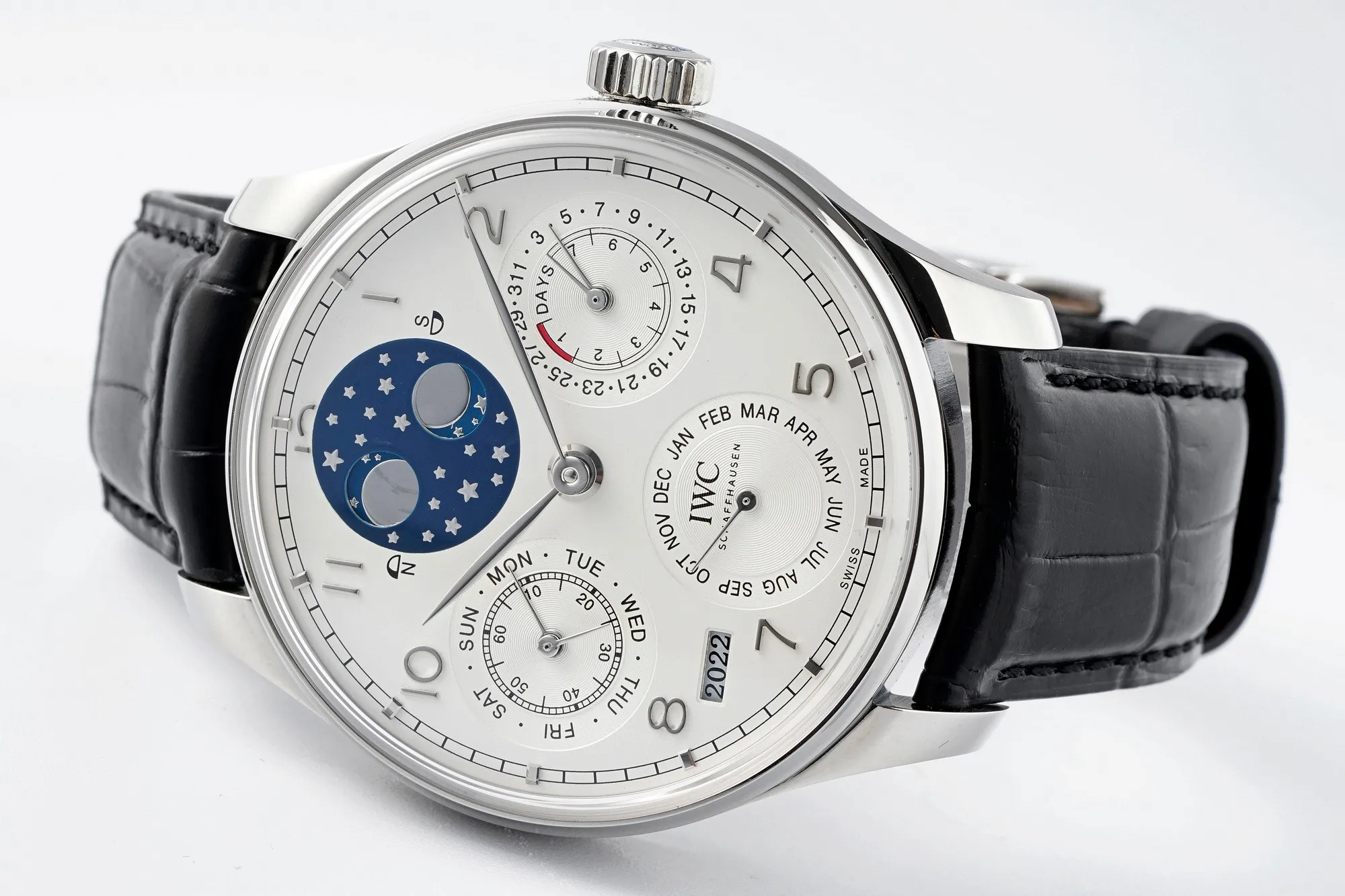IWC Portugieser Perpetual Calendar Automatic Men’s Watch – Silver Case, White Dial with Moon Phase, Black Leather Strap TravelReady 4310
