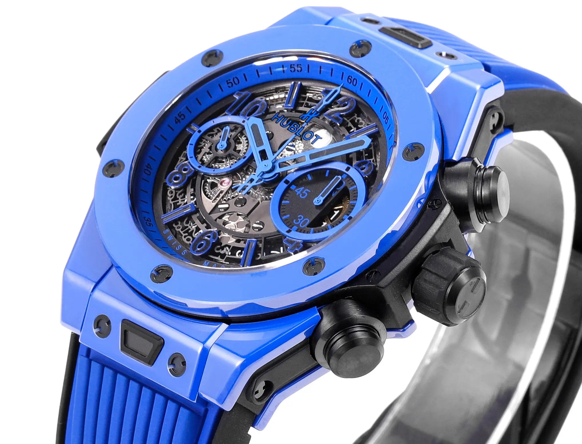OdorResistant WWF Factory Hublot Big Bang Unico Blue Ceramic Chronograph Watch – 45mm Rubber Strap, Super Clone Edition 8207