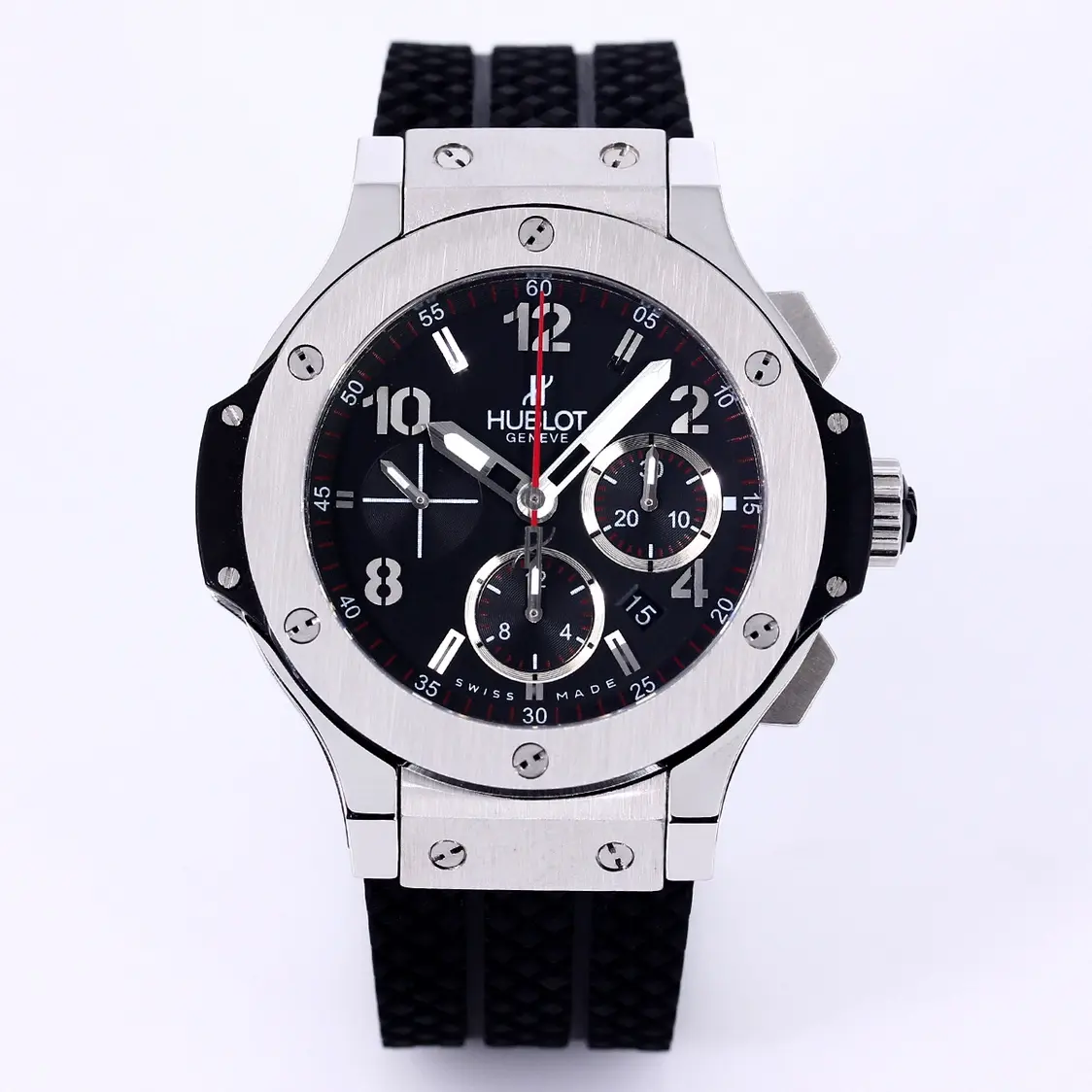 Bright JJ Factory Hublot Big Bang 44mm Black Dial Chronograph Watch with Rubber Strap – Silver Case | Super Clone Edition 1015