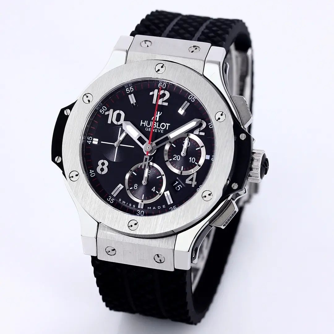 Bright JJ Factory Hublot Big Bang 44mm Black Dial Chronograph Watch with Rubber Strap – Silver Case | Super Clone Edition 1015