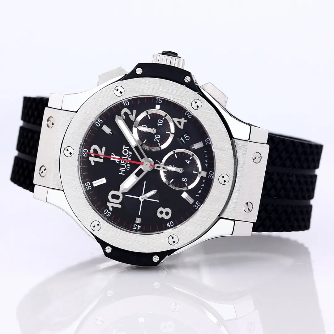Bright JJ Factory Hublot Big Bang 44mm Black Dial Chronograph Watch with Rubber Strap – Silver Case | Super Clone Edition 1015