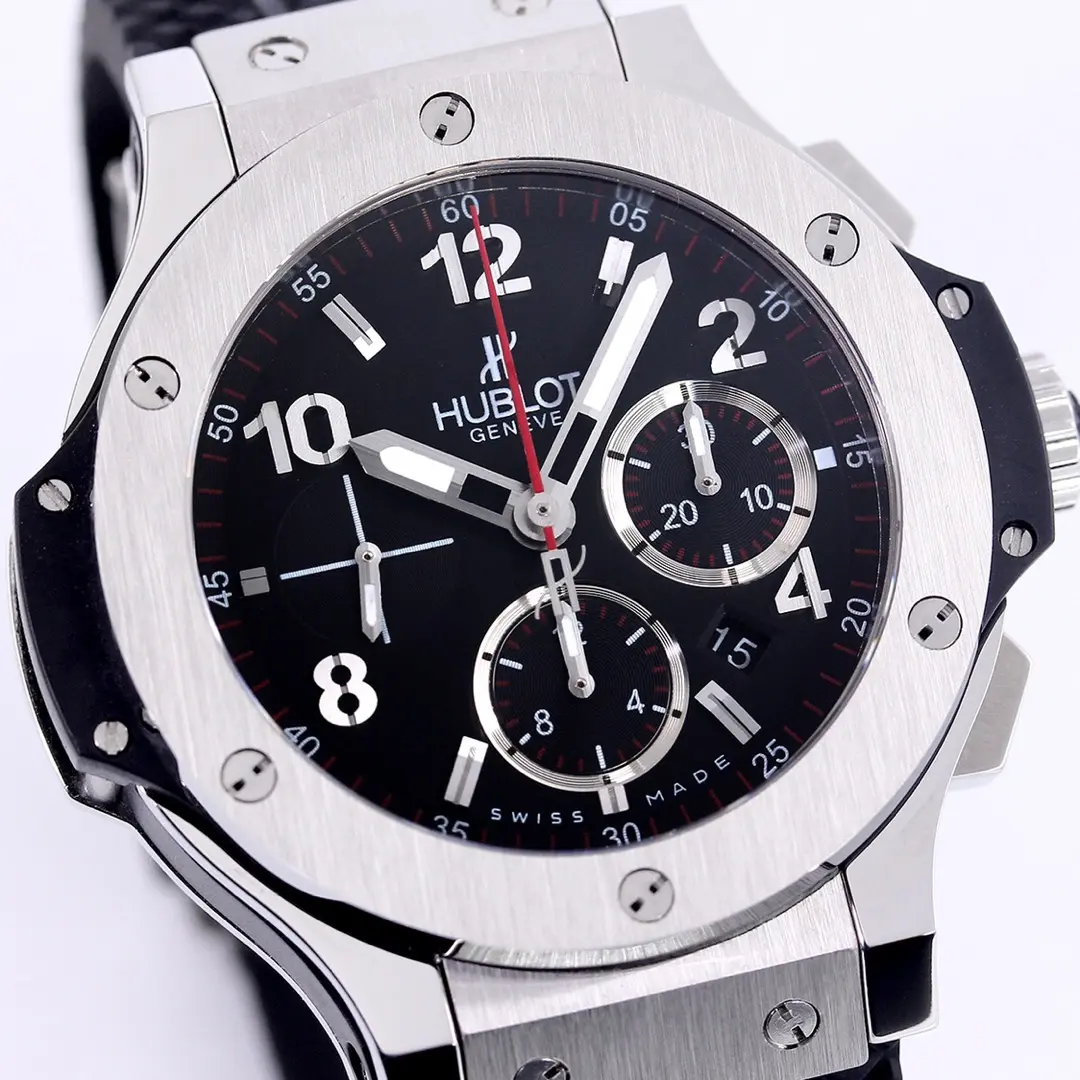 Bright JJ Factory Hublot Big Bang 44mm Black Dial Chronograph Watch with Rubber Strap – Silver Case | Super Clone Edition 1015