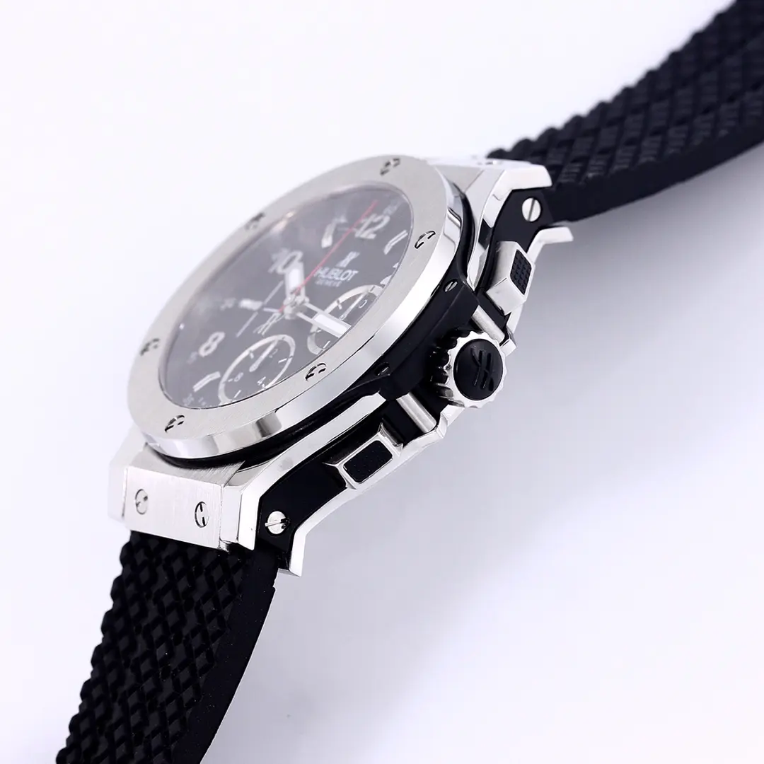 Bright JJ Factory Hublot Big Bang 44mm Black Dial Chronograph Watch with Rubber Strap – Silver Case | Super Clone Edition 1015