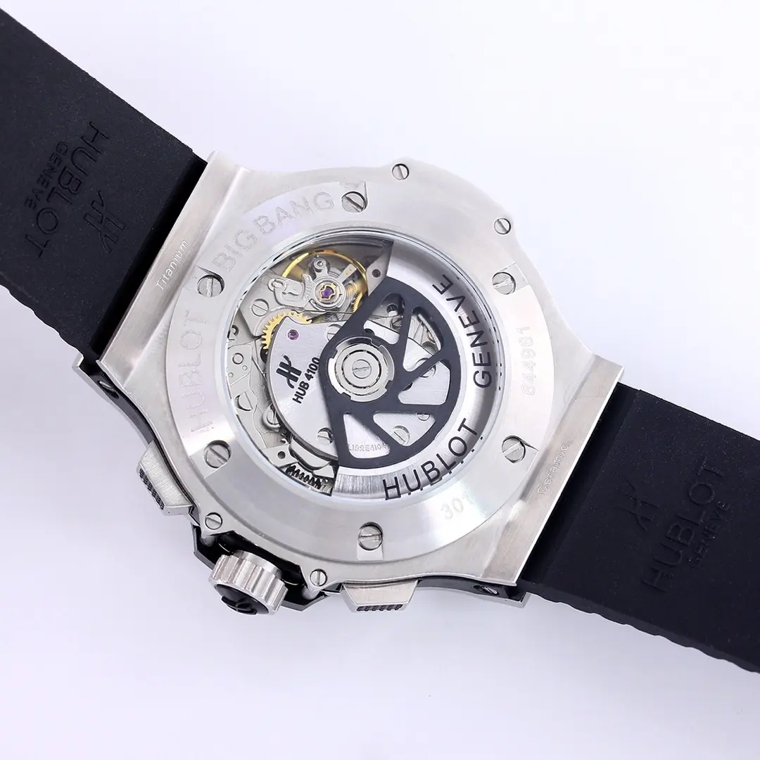Bright JJ Factory Hublot Big Bang 44mm Black Dial Chronograph Watch with Rubber Strap – Silver Case | Super Clone Edition 1015