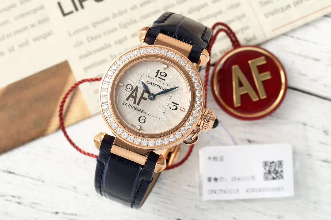 AF Factory Cartier Pasha de Cartier 32mm Rose Gold Diamond-Bezel Navy Blue Leather Strap Women’s Luxury Watch GoodFit 5441
