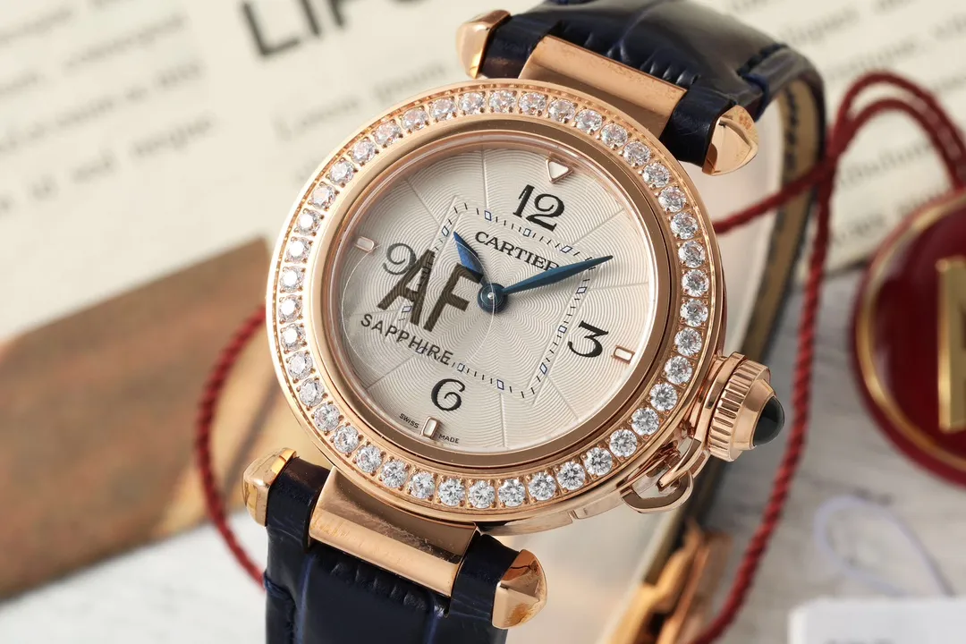 AF Factory Cartier Pasha de Cartier 32mm Rose Gold Diamond-Bezel Navy Blue Leather Strap Women’s Luxury Watch GoodFit 5441