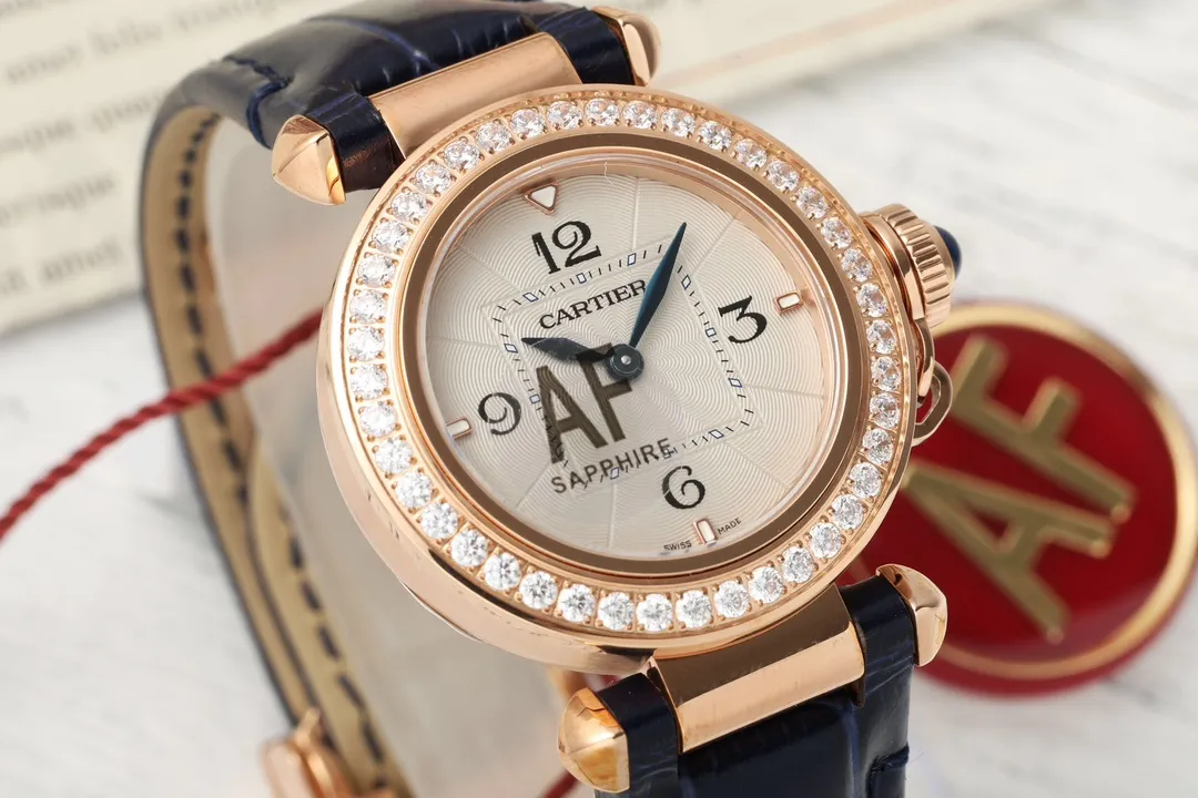 AF Factory Cartier Pasha de Cartier 32mm Rose Gold Diamond-Bezel Navy Blue Leather Strap Women’s Luxury Watch GoodFit 5441