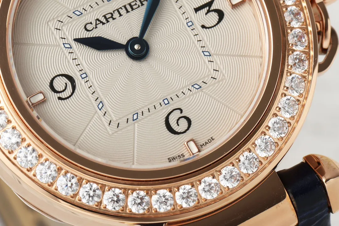 AF Factory Cartier Pasha de Cartier 32mm Rose Gold Diamond-Bezel Navy Blue Leather Strap Women’s Luxury Watch GoodFit 5441