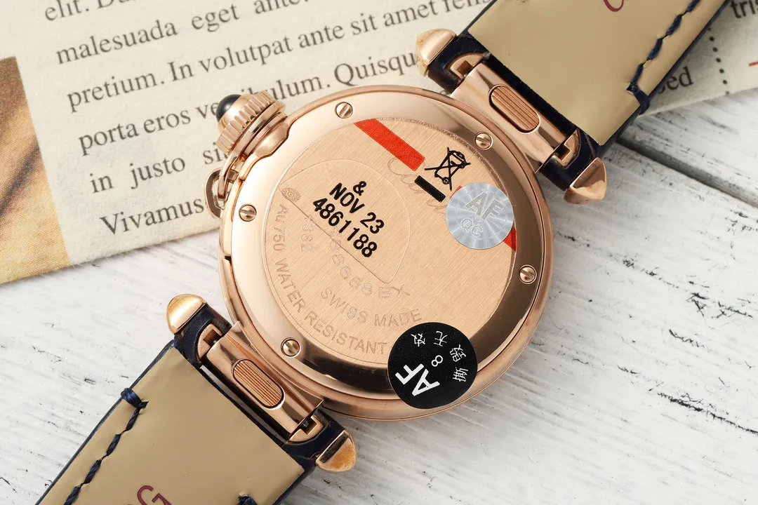AF Factory Cartier Pasha de Cartier 32mm Rose Gold Diamond-Bezel Navy Blue Leather Strap Women’s Luxury Watch GoodFit 5441