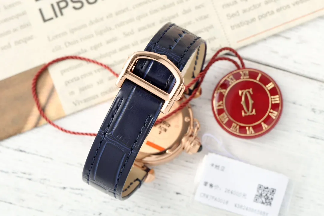 AF Factory Cartier Pasha de Cartier 32mm Rose Gold Diamond-Bezel Navy Blue Leather Strap Women’s Luxury Watch GoodFit 5441