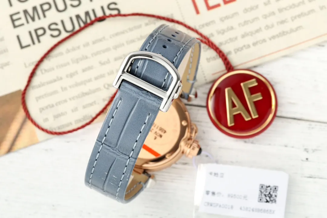 Contemporary Cartier Santos AF Rose Gold Round Case Blue Leather Strap Women’s Quartz Watch 2813