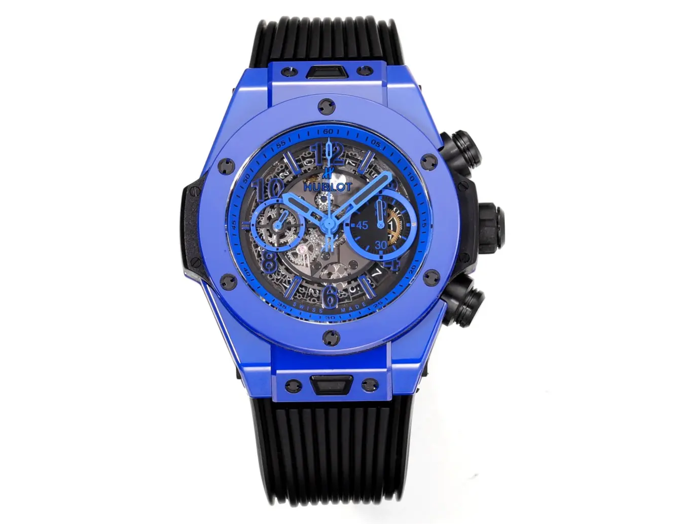 WaterResistant WWF Factory Hublot Big Bang Unico Blue Ceramic Watch – 45mm Automatic Chronograph with Rubber Strap – Super Clone Quality 8206