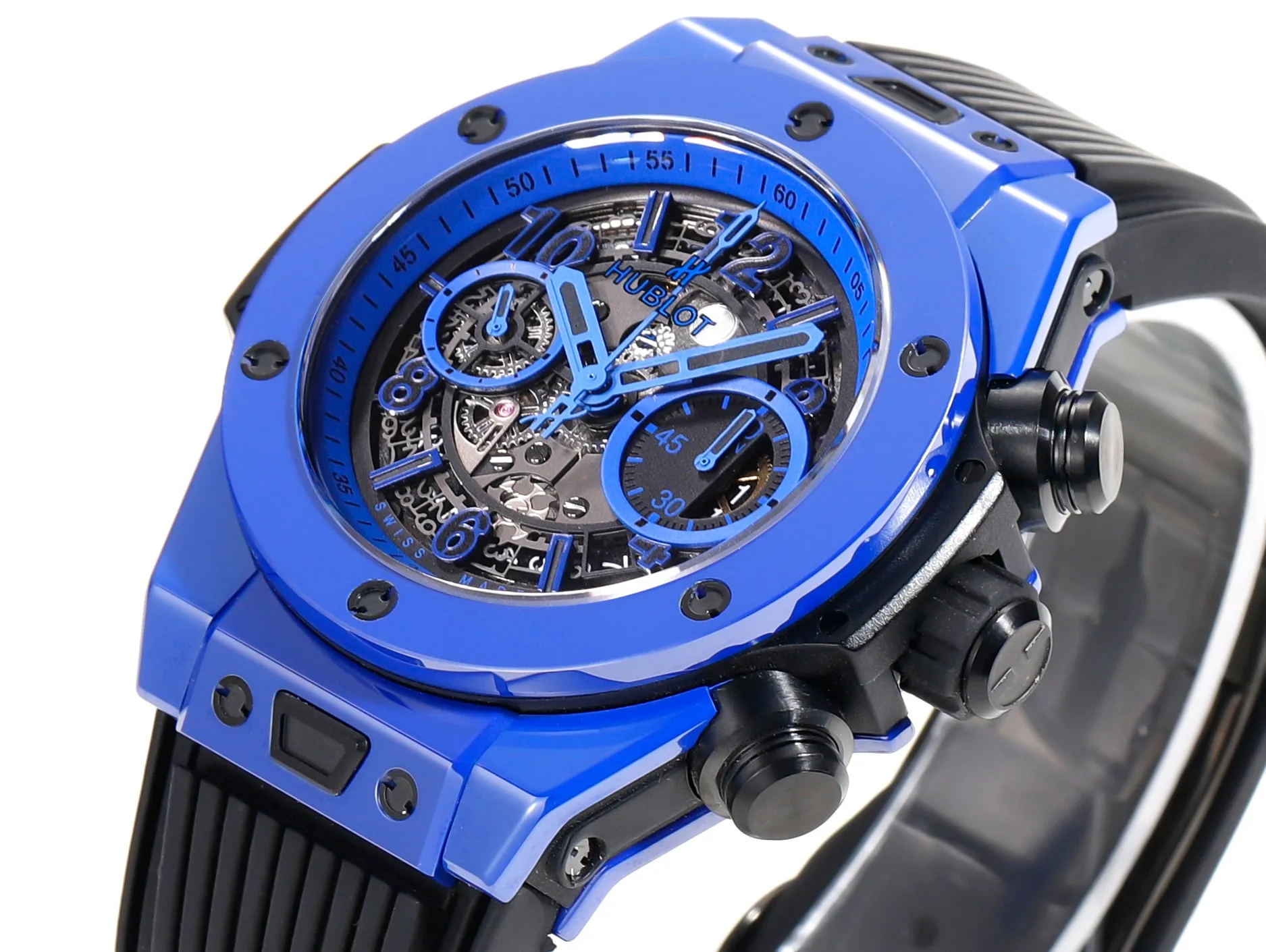 WaterResistant WWF Factory Hublot Big Bang Unico Blue Ceramic Watch – 45mm Automatic Chronograph with Rubber Strap – Super Clone Quality 8206
