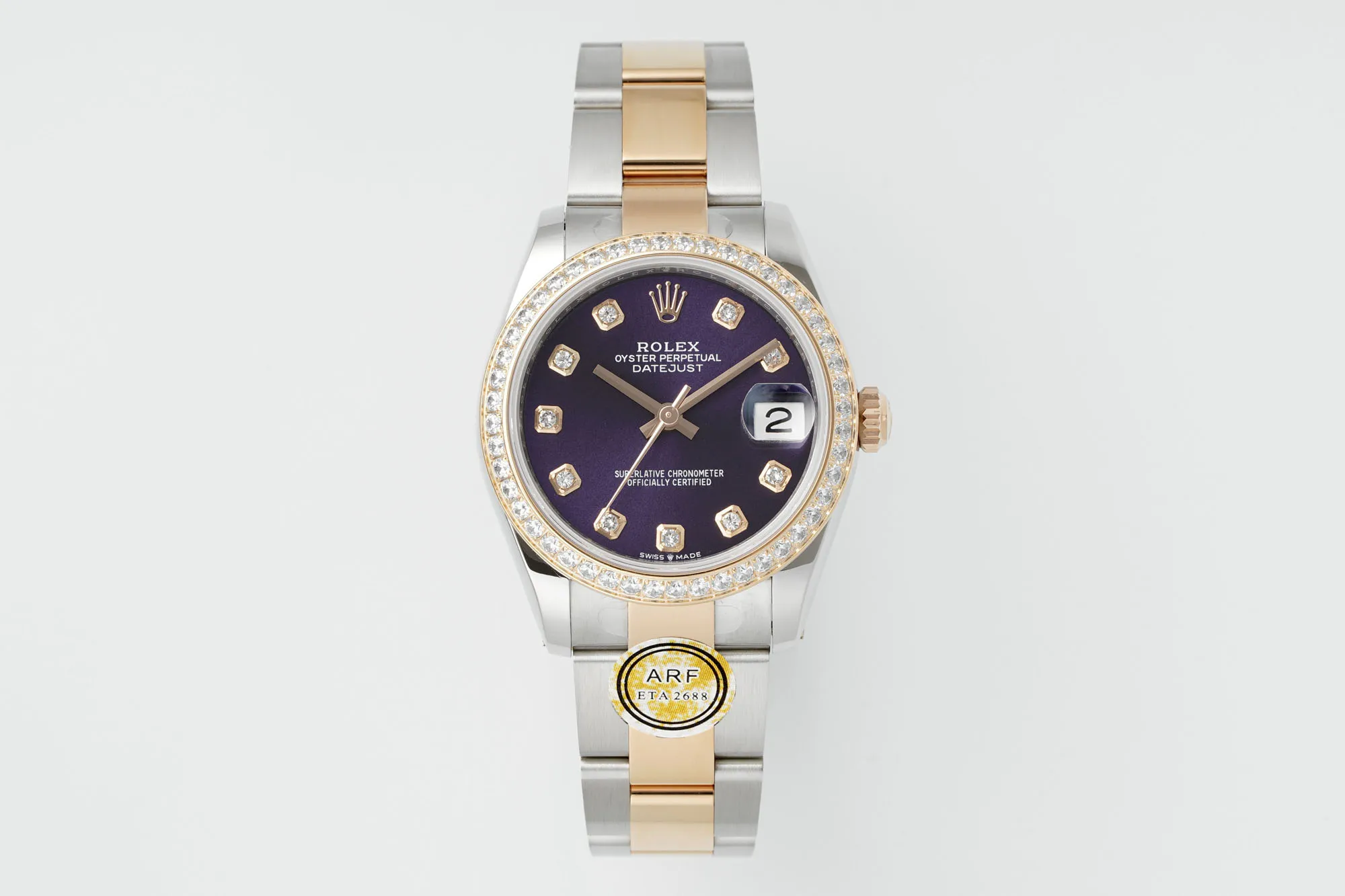 Bold AR Factory Rolex Datejust 31mm Purple Dial Diamond Bezel Two-Tone Stainless Steel and Rose Gold Automatic Women’s Watch 4989