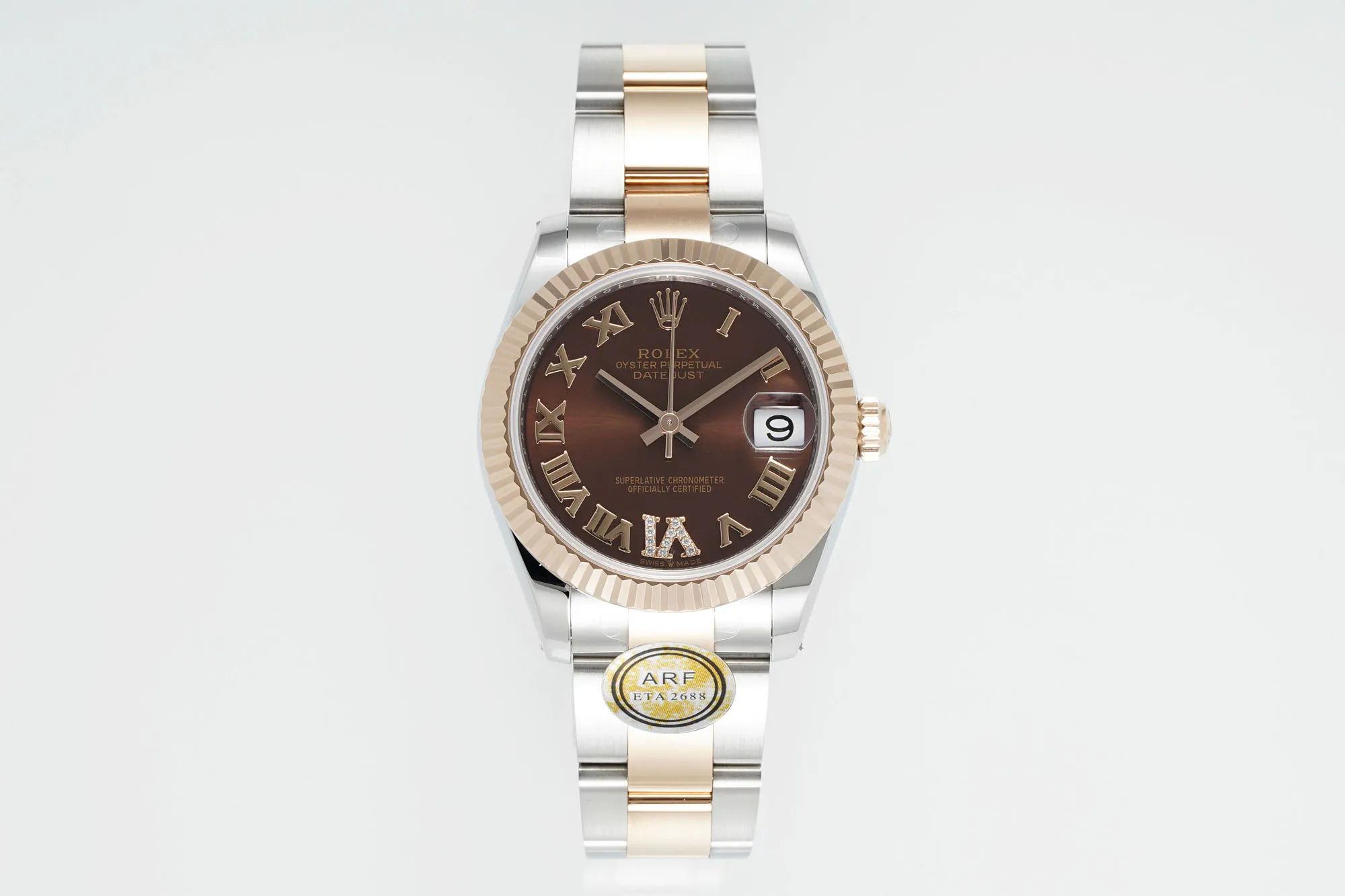 AR Factory Rolex Datejust 31mm Two-Tone Stainless Steel and 18K Rose Gold Chocolate Brown Dial with Roman Numerals Fluted Bezel Oyster Bracelet Watch Contemporary 4925
