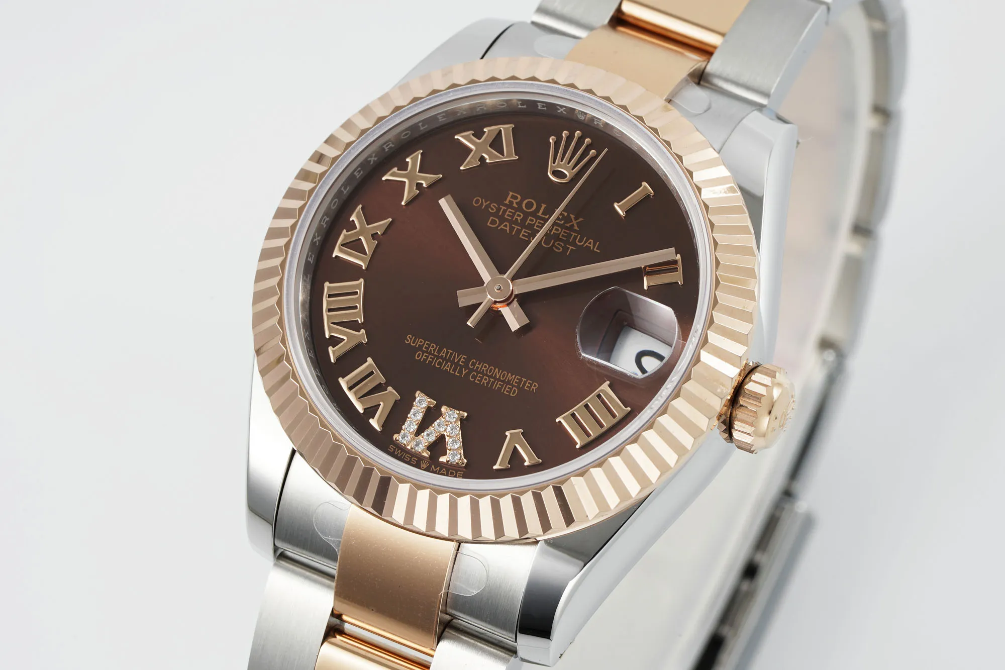 AR Factory Rolex Datejust 31mm Two-Tone Stainless Steel and 18K Rose Gold Chocolate Brown Dial with Roman Numerals Fluted Bezel Oyster Bracelet Watch Contemporary 4925