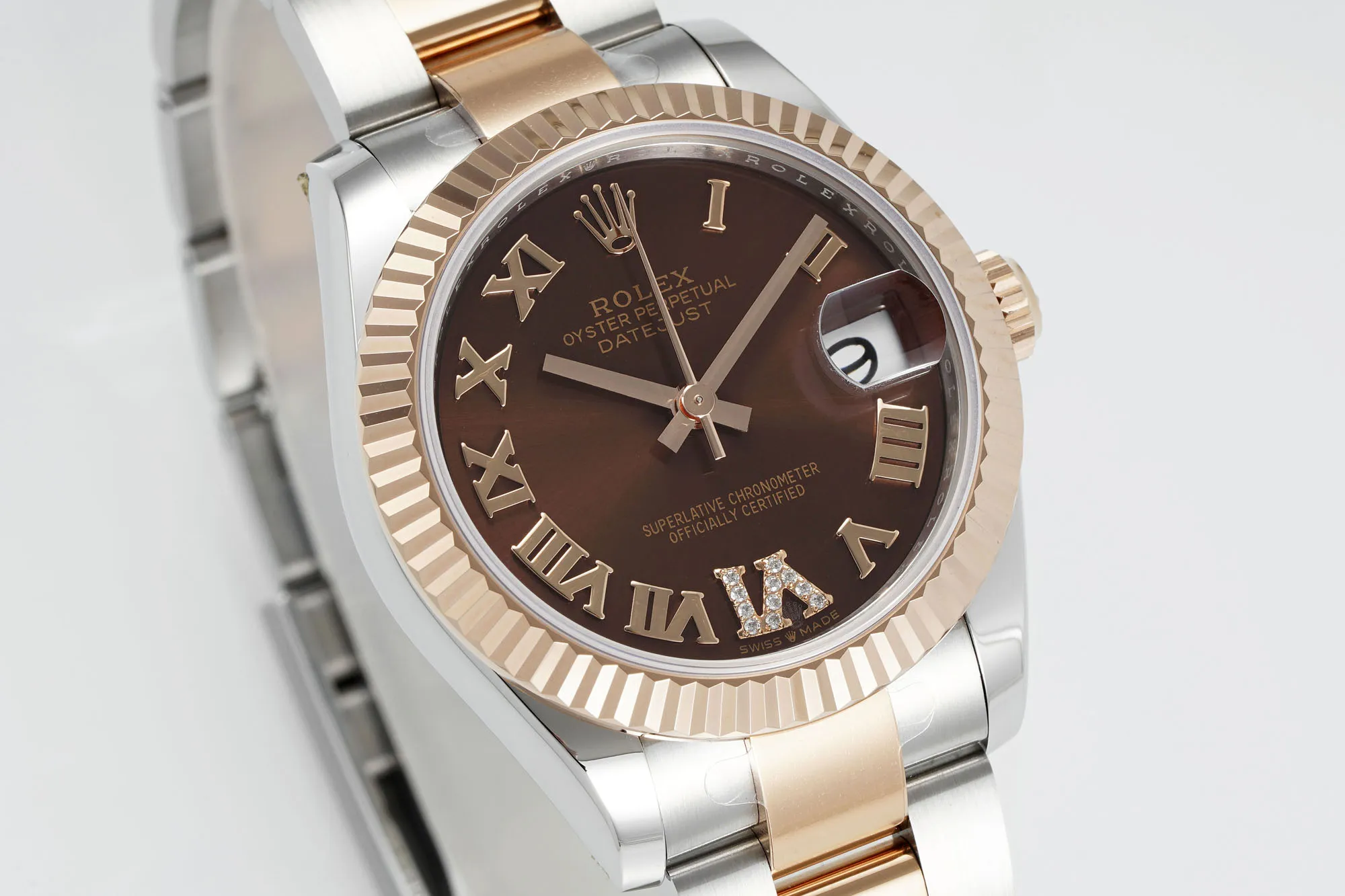 AR Factory Rolex Datejust 31mm Two-Tone Stainless Steel and 18K Rose Gold Chocolate Brown Dial with Roman Numerals Fluted Bezel Oyster Bracelet Watch Contemporary 4925