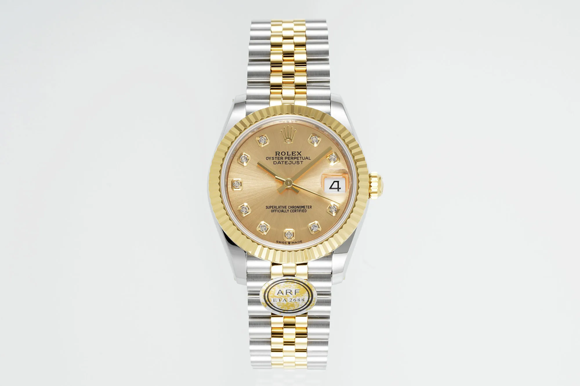 AR Factory Rolex Lady-Datejust 28mm Two-Tone Yellow Gold and Steel Champagne Dial Diamond Markers Fluted Bezel Oyster Bracelet Watch OnTrend 4916