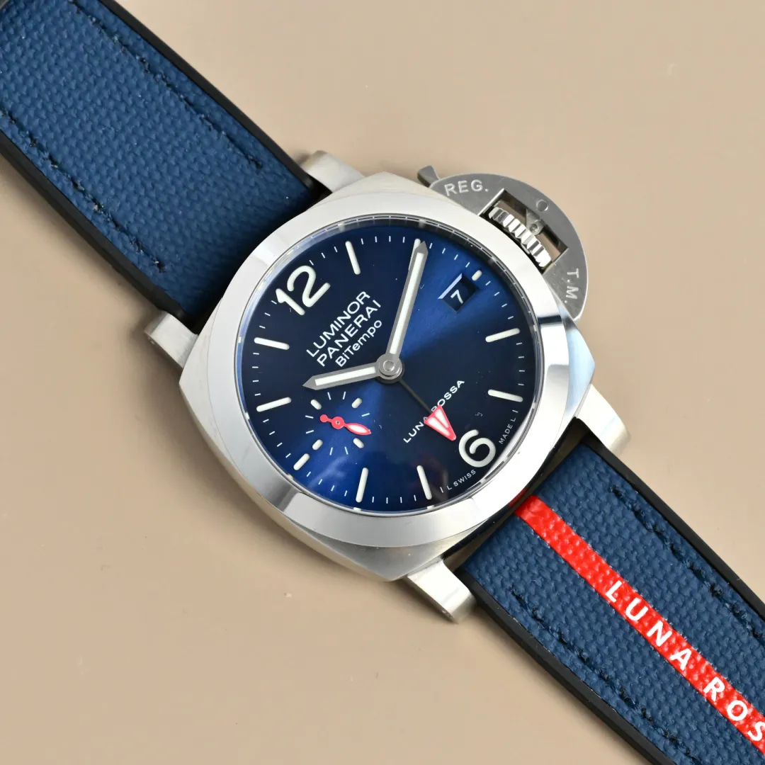 Panerai Luminor Luna Rossa Blue Dial Automatic Men’s Watch with Navy Fabric Strap and Red Accents Breathable 815