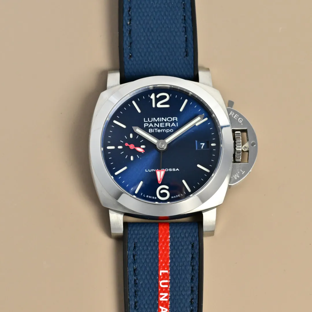 Panerai Luminor Luna Rossa Blue Dial Automatic Men’s Watch with Navy Fabric Strap and Red Accents Breathable 815