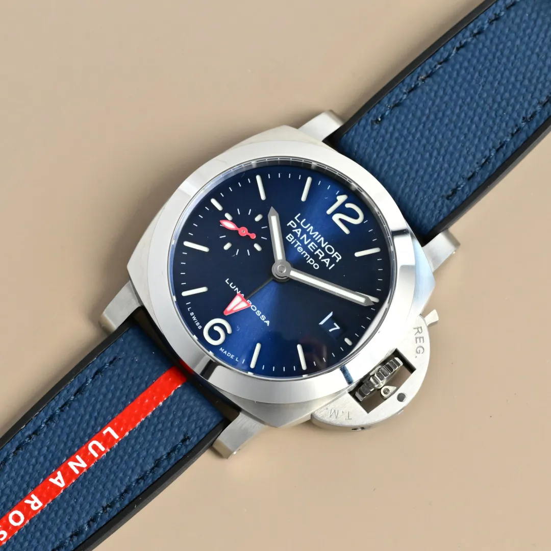 Panerai Luminor Luna Rossa Blue Dial Automatic Men’s Watch with Navy Fabric Strap and Red Accents Breathable 815