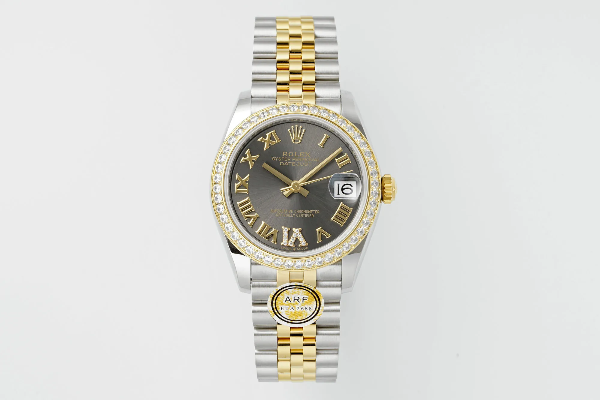 ModernLook AR Factory Rolex Lady-Datejust 31mm Slate Grey Roman Numeral Dial Diamond Bezel Two-Tone Steel and Yellow Gold Jubilee Bracelet Watch 4905